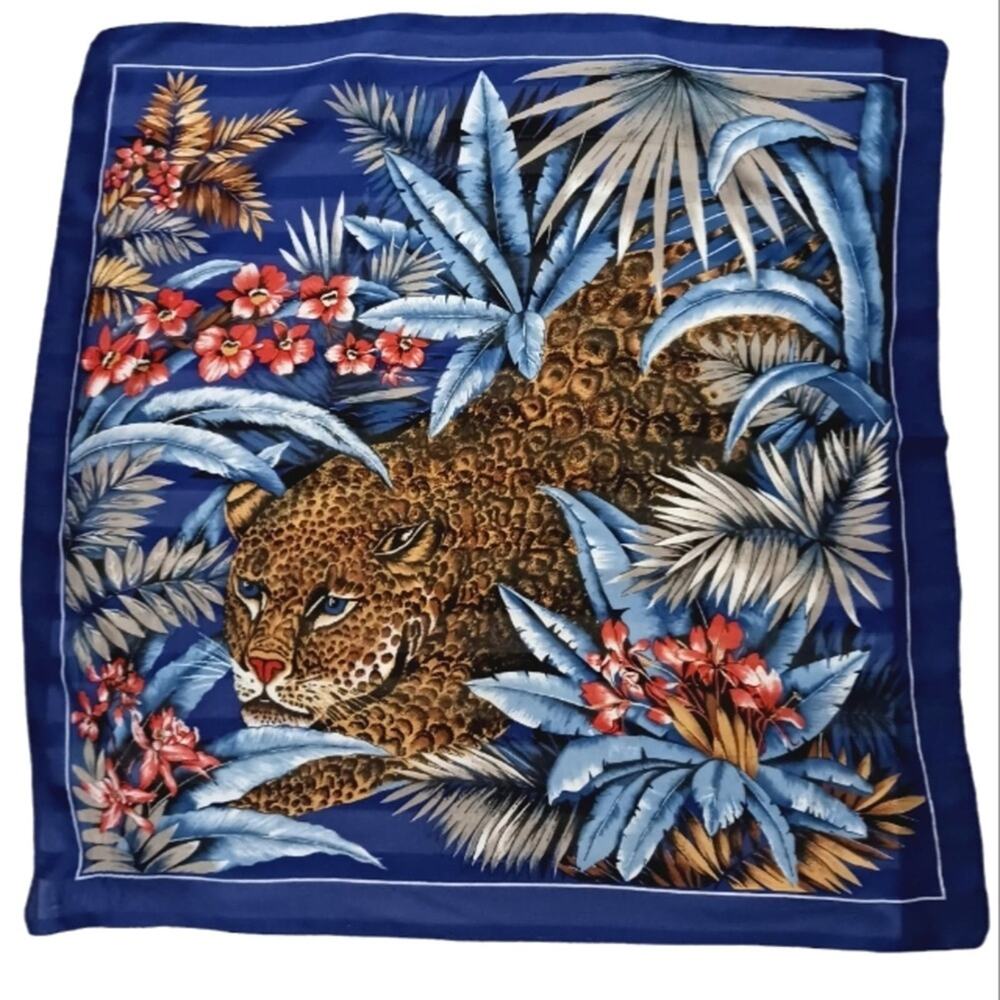 Designer Vintage Leopard Scarf 29" Cotton Cheetah Jungle Tropical Blue Exotic‎